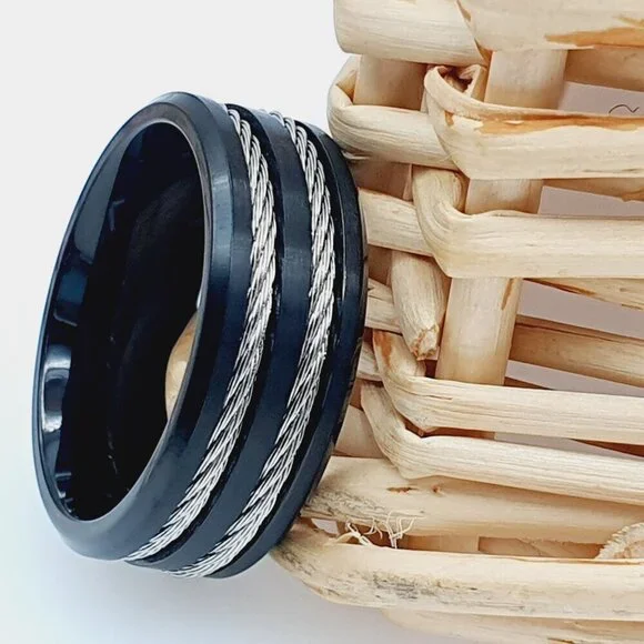 Rope Inlay Black Titanium Wedding Ring, GALTUN553